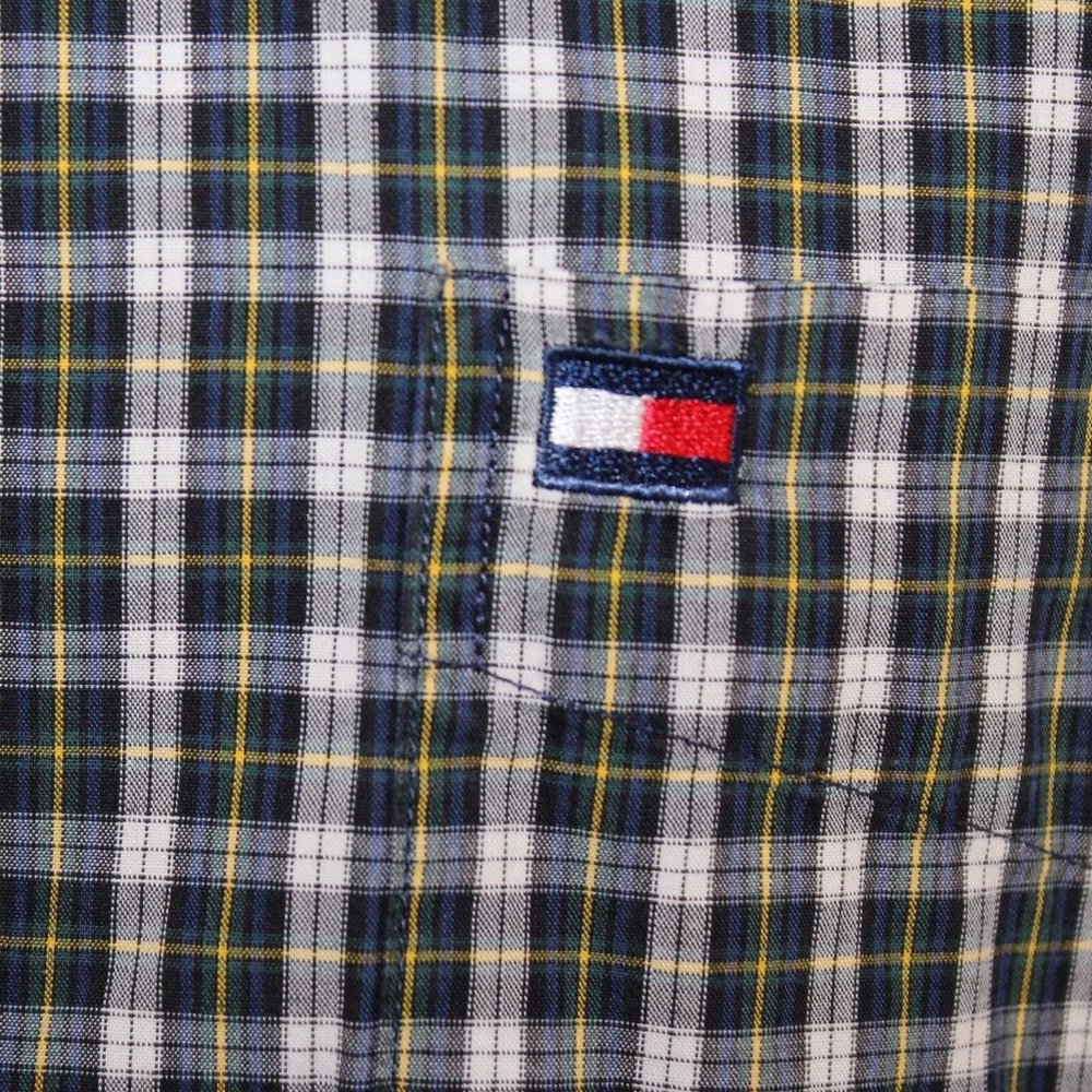 VTG Tommy Hilfiger XL 90's Big Flag Logo Green Yellow Check Oxford Dress Shirt - Picture 9 of 11